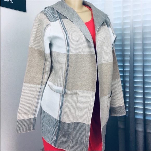 Joseph A Neutral Plaid Hoodie Long Sleeves Open Front Cardigan Size Small - Picture 5 of 10